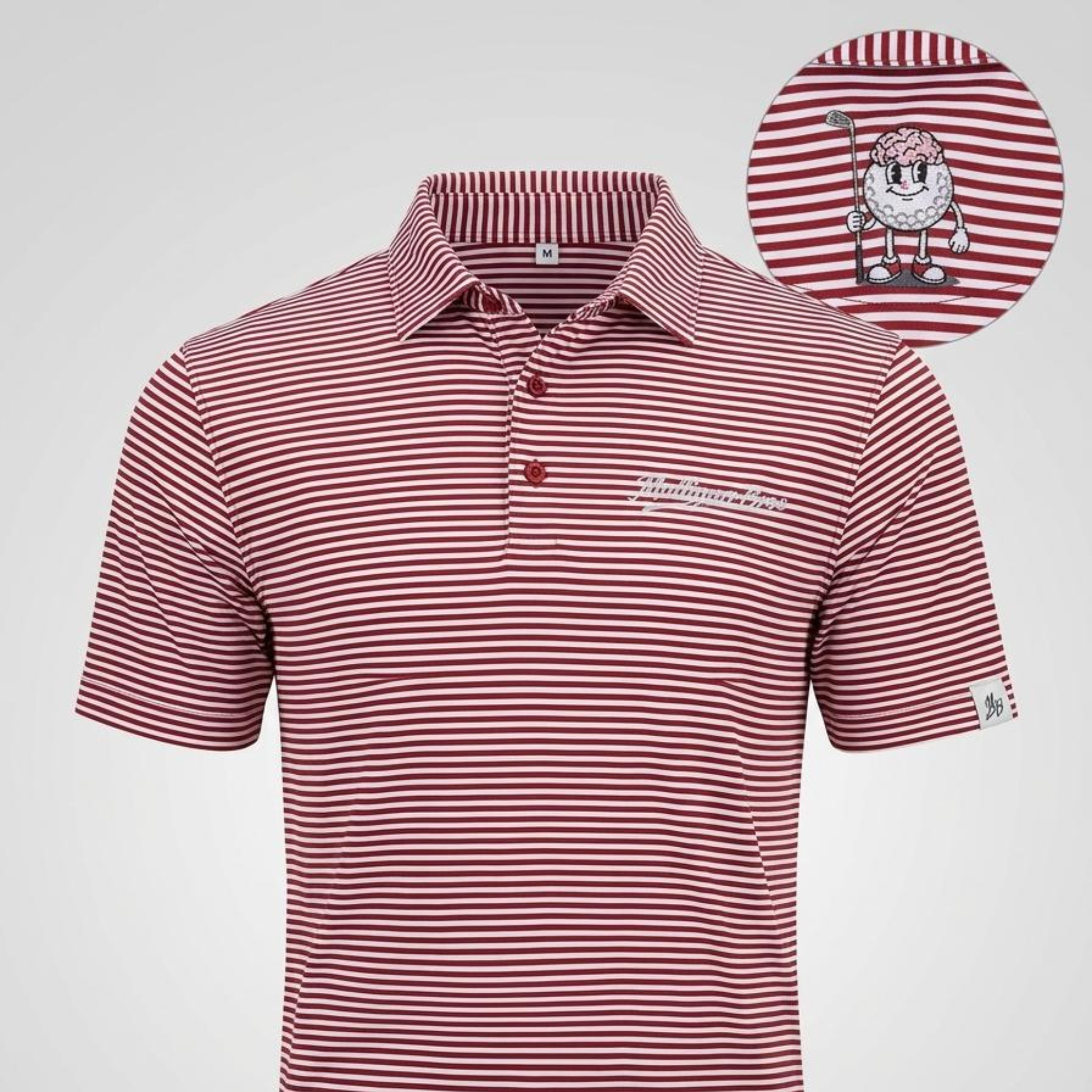Red and white striped Mulligan Bros golf polo with chest branding and Josh mascot embroidery detail.
