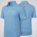 Blue and white striped Mulligan Bros performance golf polo featuring logo and Josh mascot detail on the back.