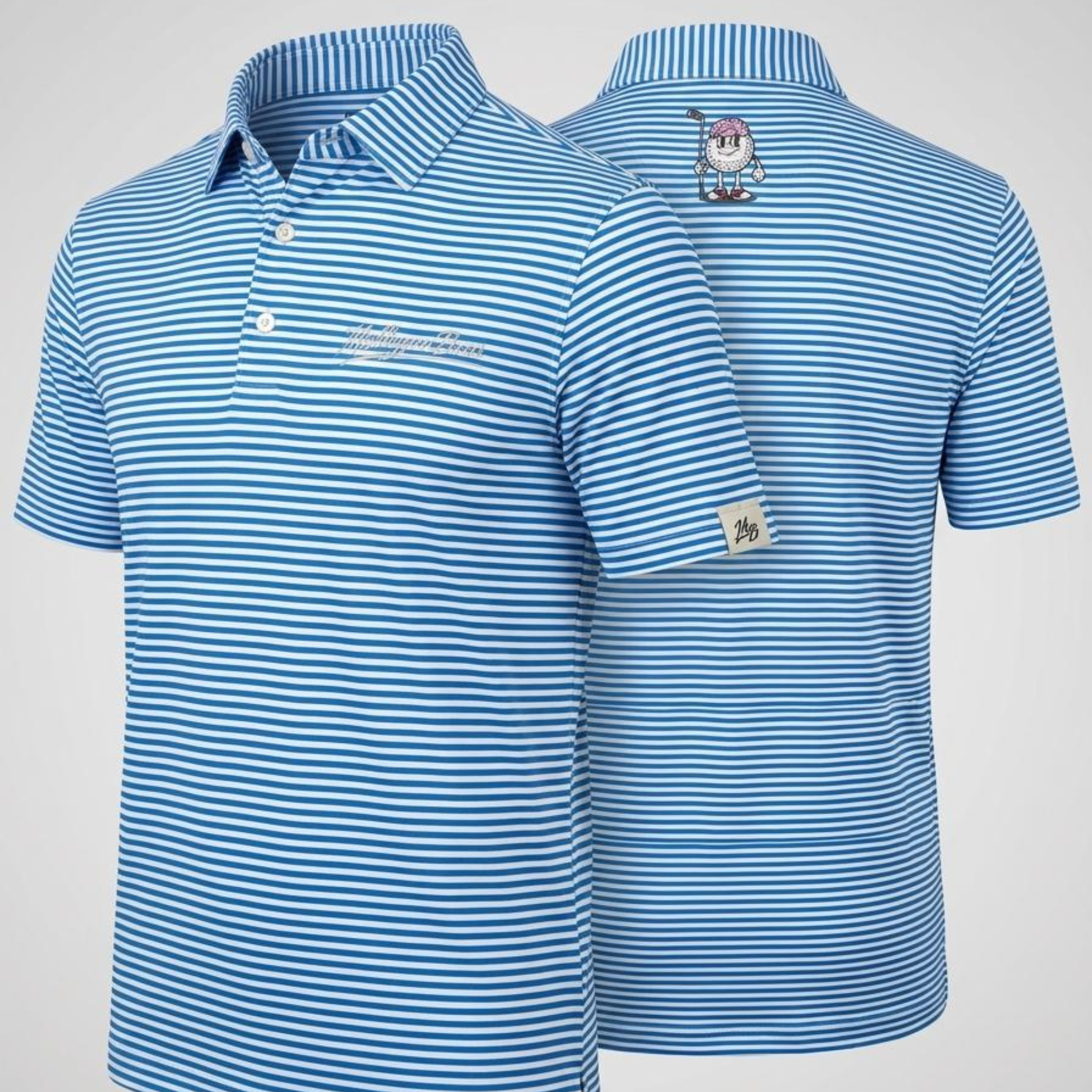 Blue and white striped Mulligan Bros performance golf polo featuring logo and Josh mascot detail on the back.