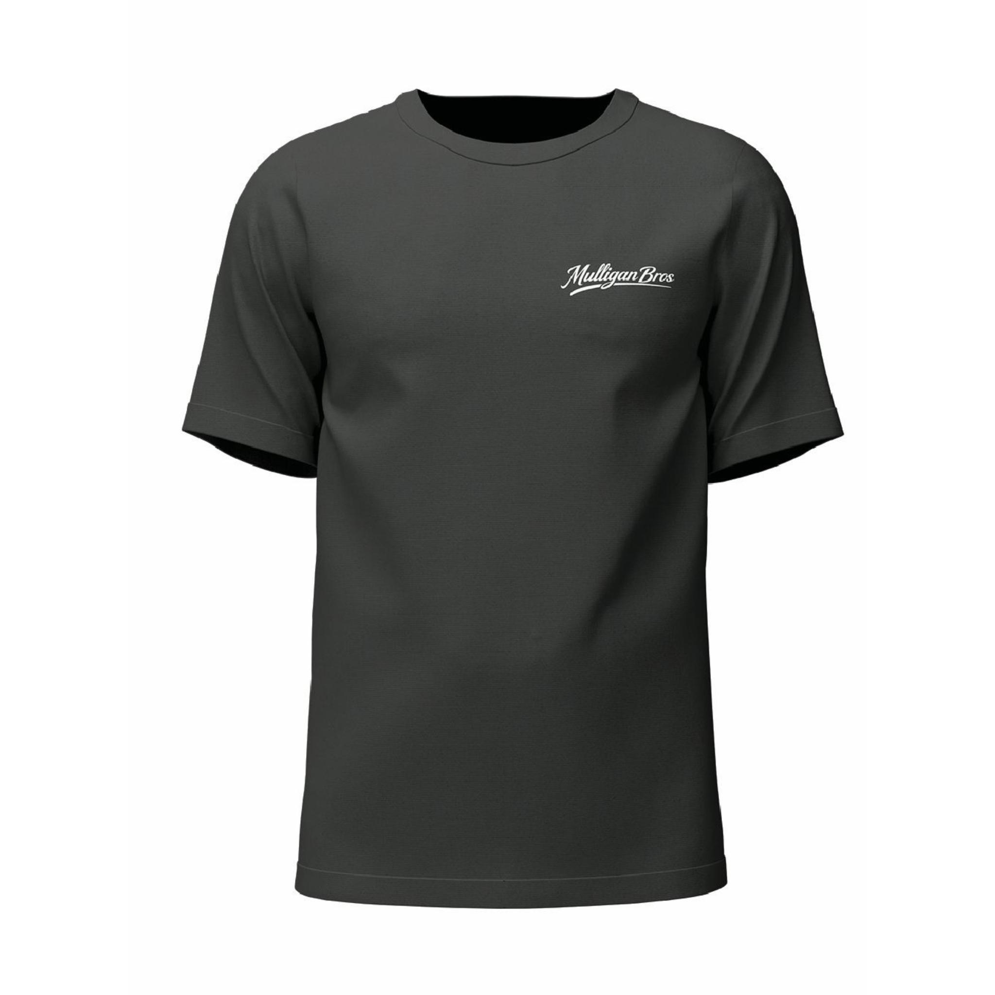 Black t-shirt with a logo on the chest against a white background