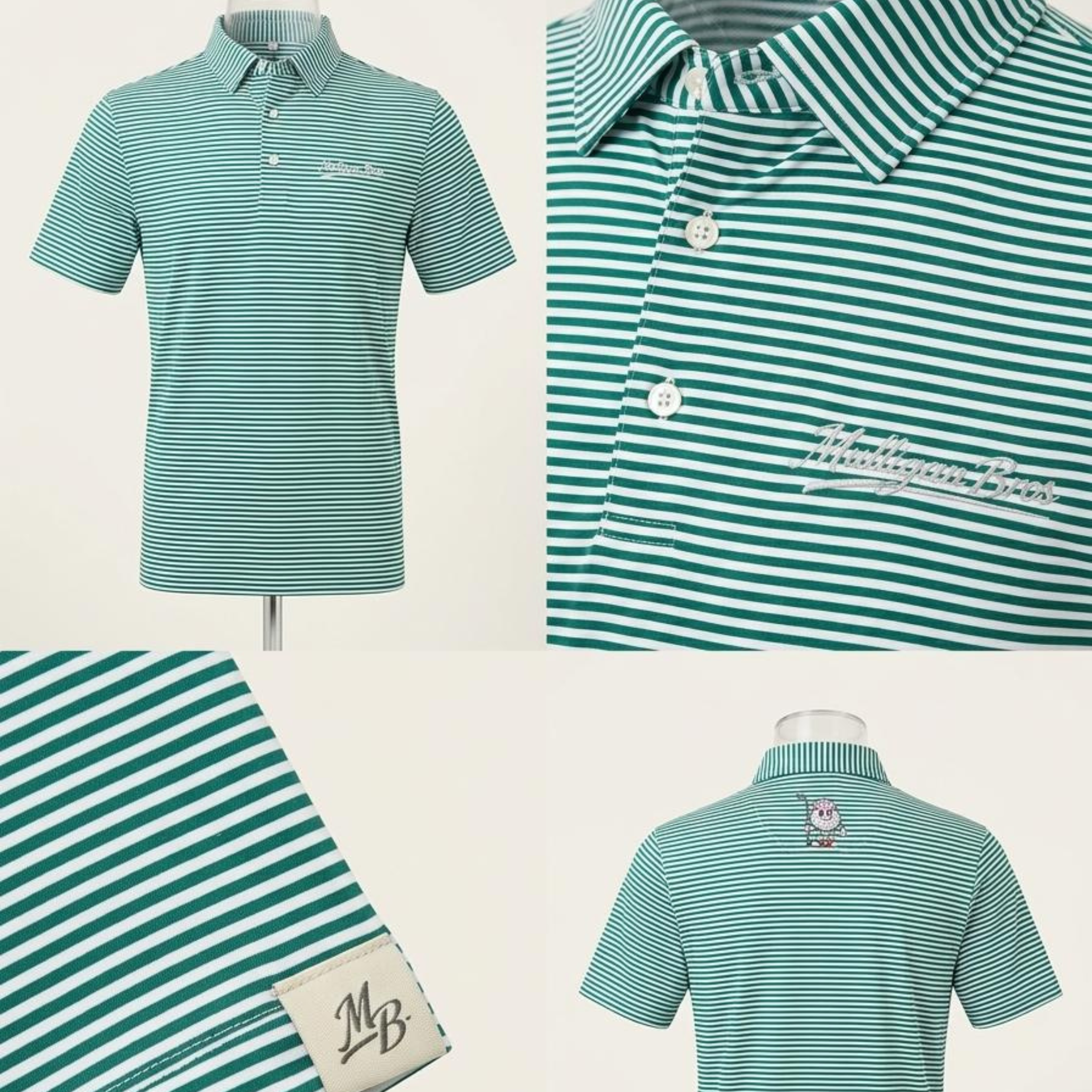 Green and white striped Mulligan Bros golf polo with chest logo and Josh mascot detail on the back collar.