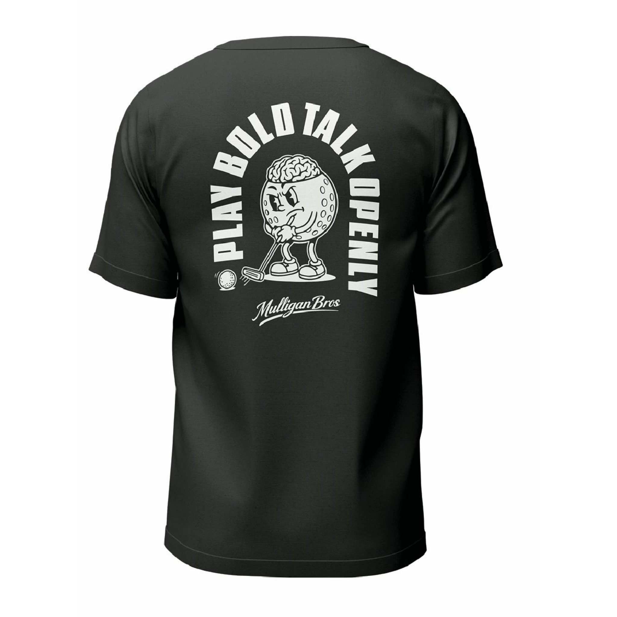 Black t-shirt with white graphic and text on a white background