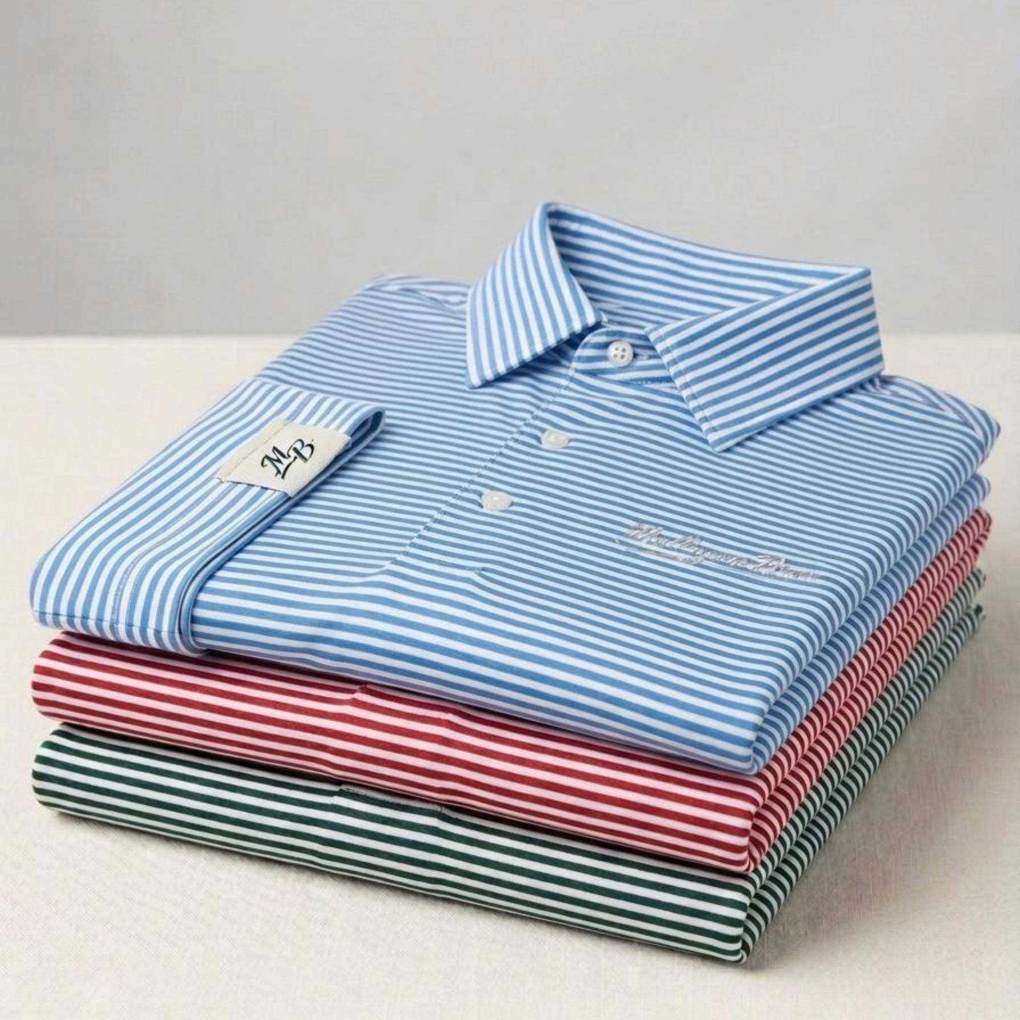 Folded Mulligan Bros striped golf polos in blue, red and green showing logos and premium performance fabric. Discover the Mulligan Bros striped golf polo collection in green, blue and red. Premium performance polos supporting mental health through CALM.