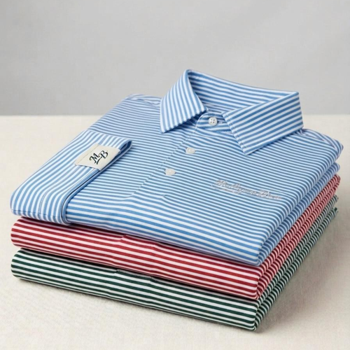 Folded Mulligan Bros striped golf polos in blue, red and green showing logos and premium performance fabric. Discover the Mulligan Bros striped golf polo collection in green, blue and red. Premium performance polos supporting mental health through CALM.